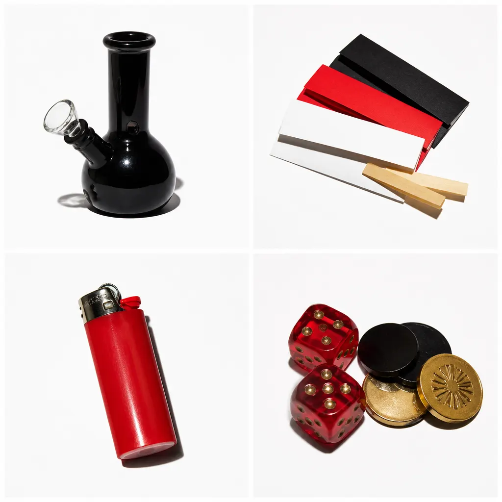 Bong negro de vidrio, sobres lisos, encendedor rojo y dados translúcidos sin marcas.