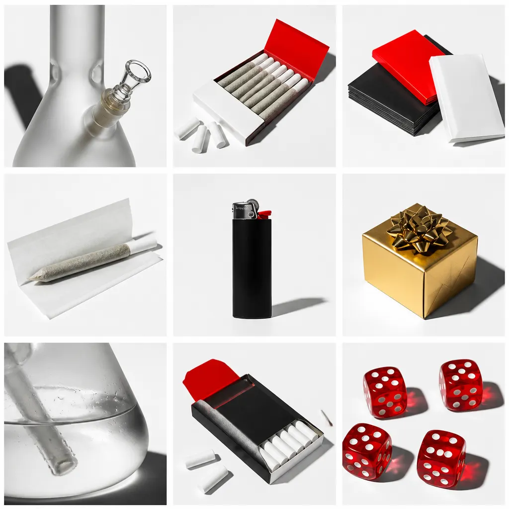 Detalles de bong esmerilado, papelillos, encendedor y accesorios metálicos sin marcas.