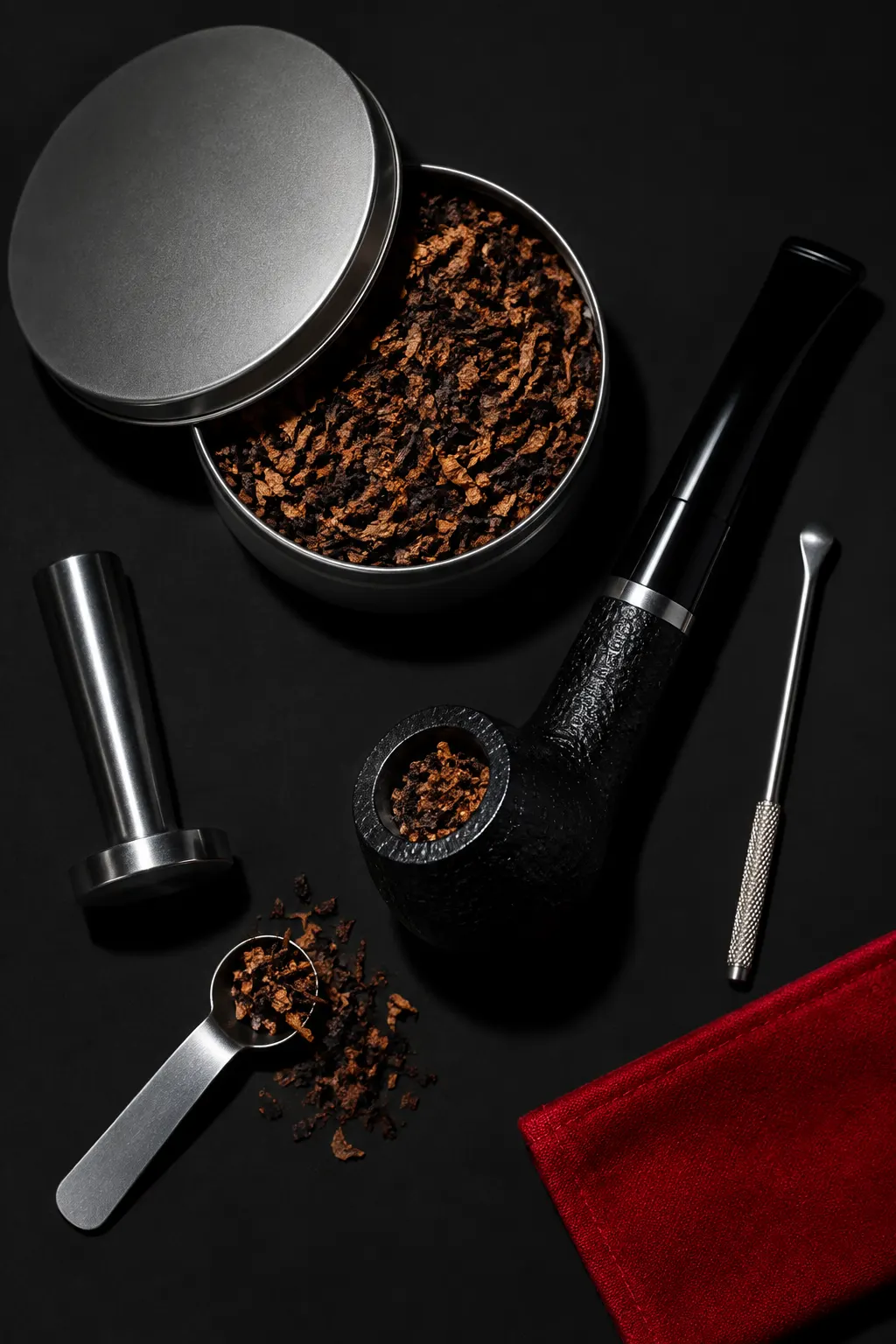 Pipa negra, recipiente metálico liso y accesorios de preparación sobre fondo negro con un acento rojo.