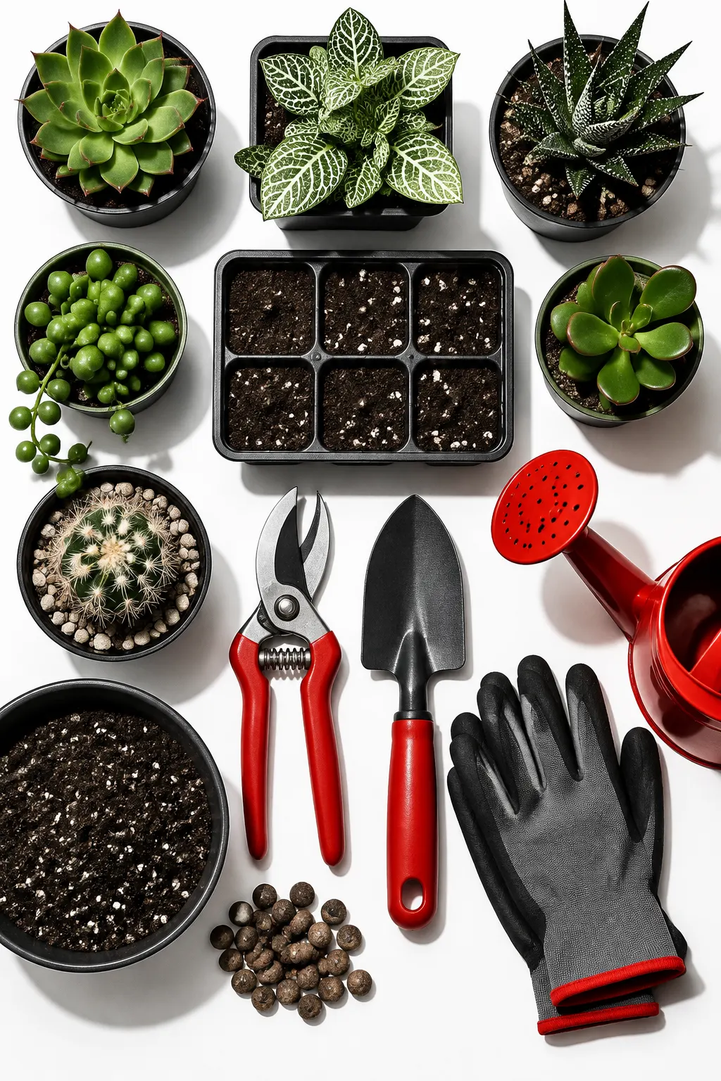 Accesorios de cultivo organizados cenitalmente sobre un fondo blanco, con un detalle rojo.