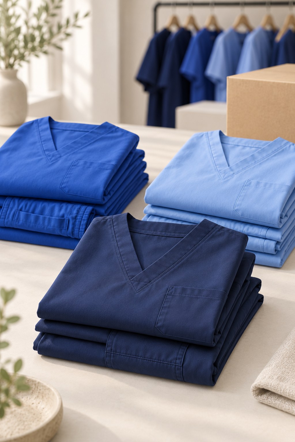 Uniformes clínicos doblados en tonos azul marino, azul rey y celeste