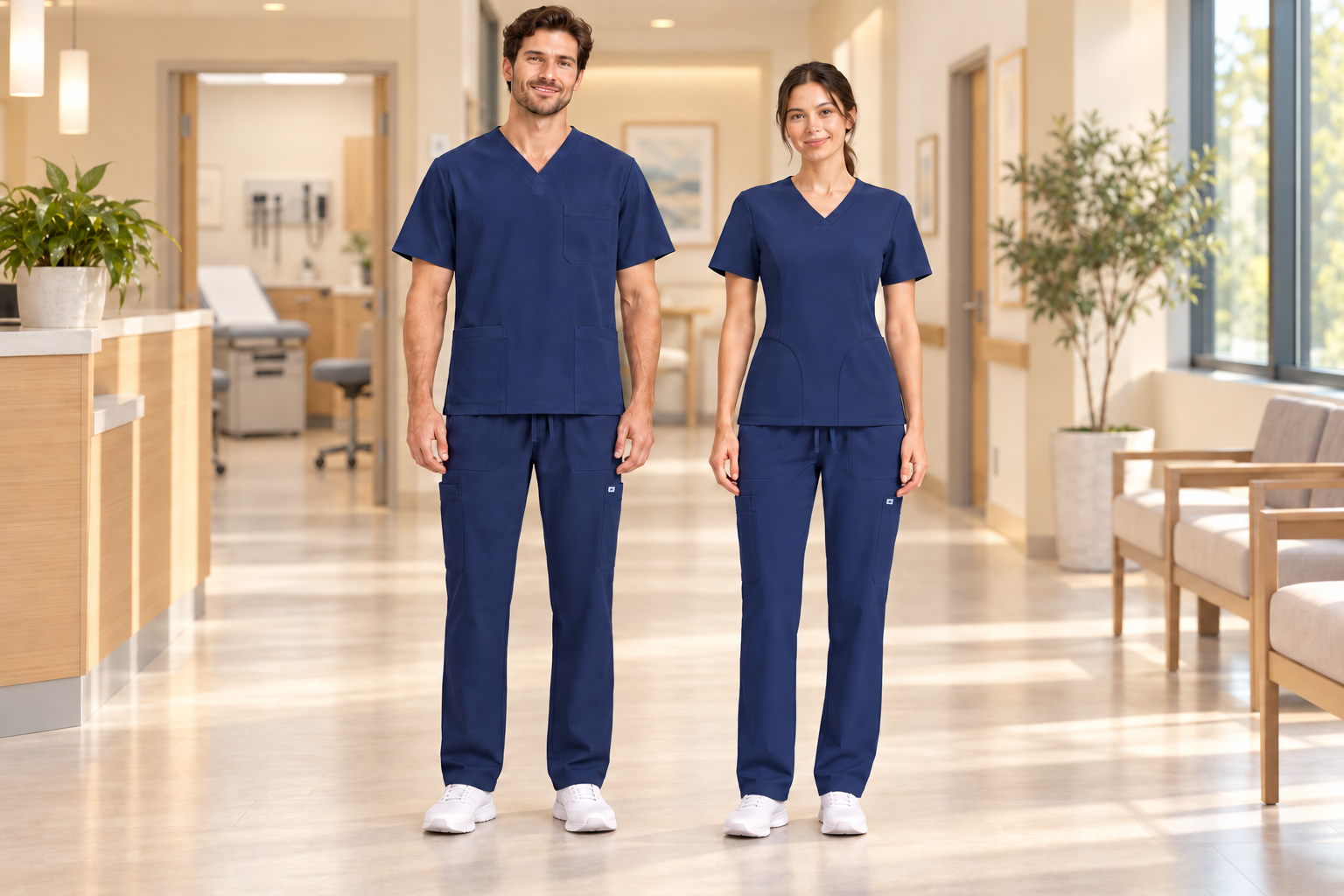 Profesionales con uniformes clínicos azul marino en una clínica cálida