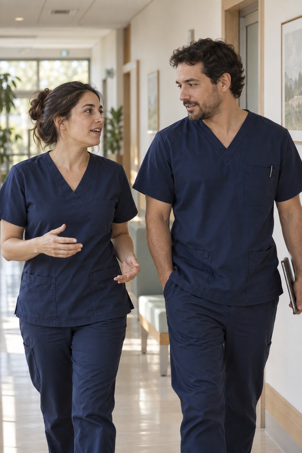 Dos profesionales de la salud conversan durante su jornada