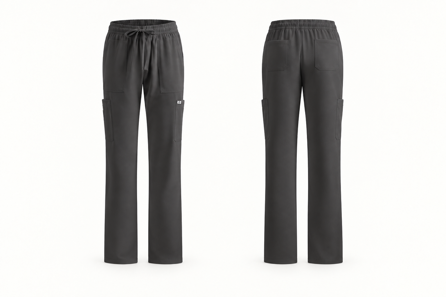 Pantalón clínico hombre bota recta · MP02 — vista frontal y posterior sobre maniquí invisible