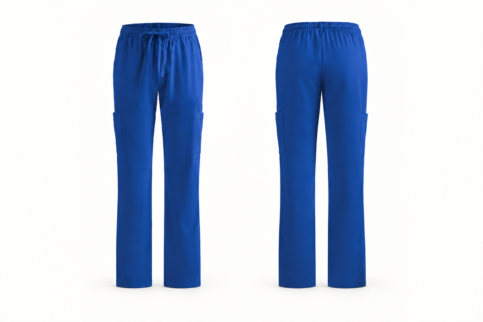 Pantalón clínico mujer bota recta · MP03 — vista frontal y posterior sobre maniquí invisible