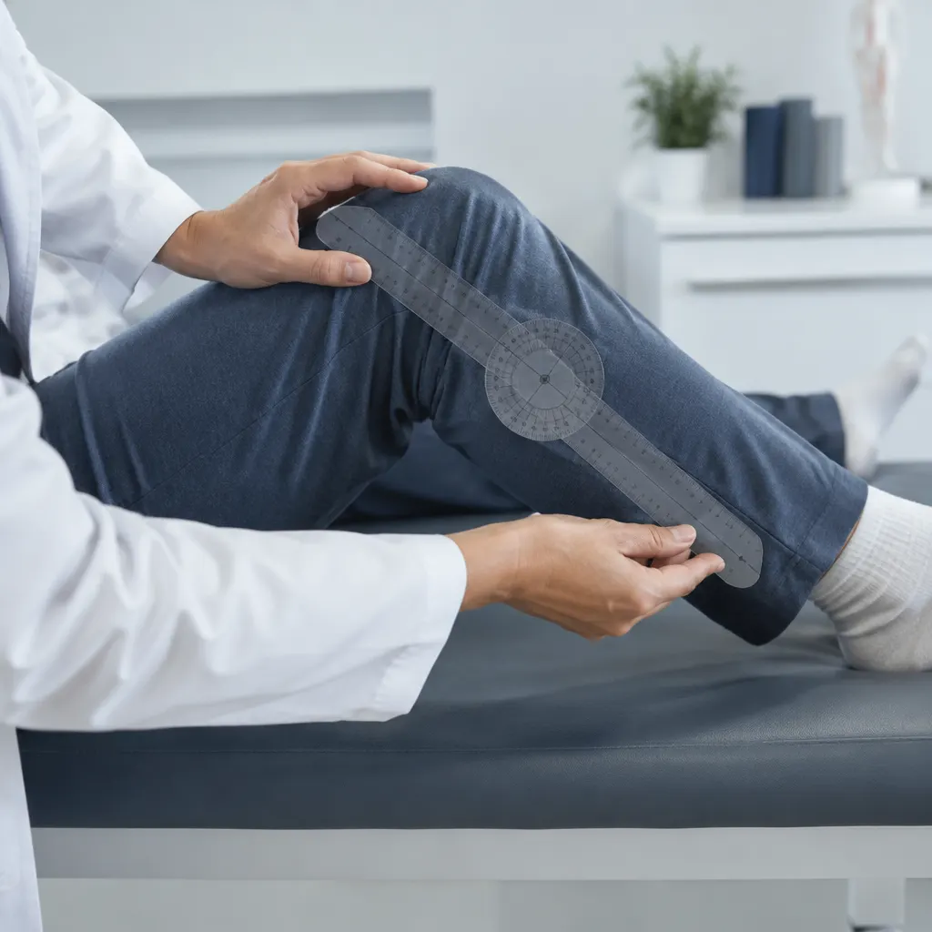 Goniómetro en uso durante la evaluación del movimiento de una rodilla vestida.