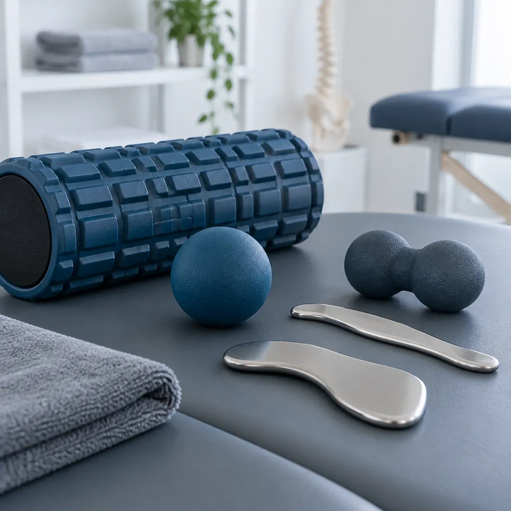 Herramientas de terapia manual ordenadas sobre una mesa clínica.