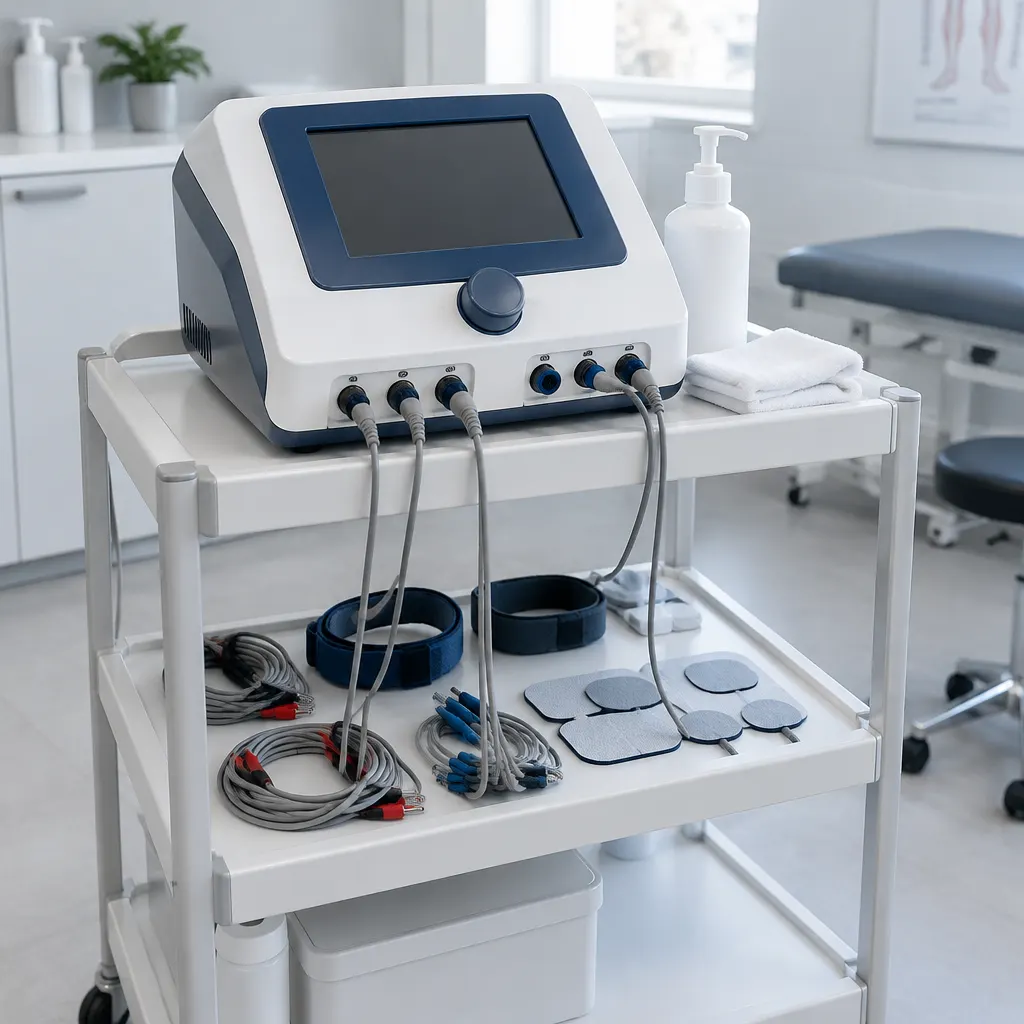 Equipo de electroterapia con electrodos y cables ordenados sobre un carro clínico.