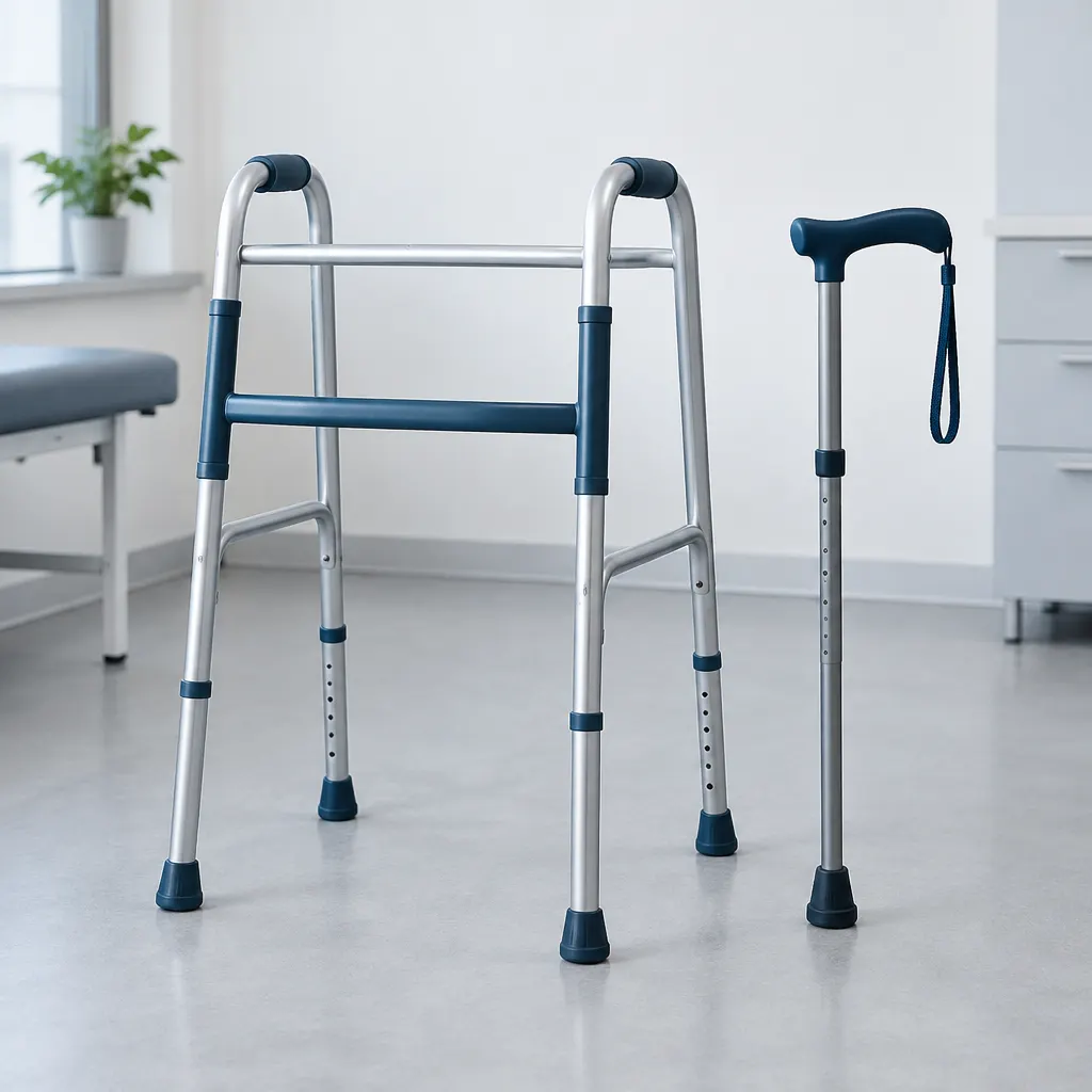 Andador de aluminio y bastón ajustable en una sala clínica luminosa.