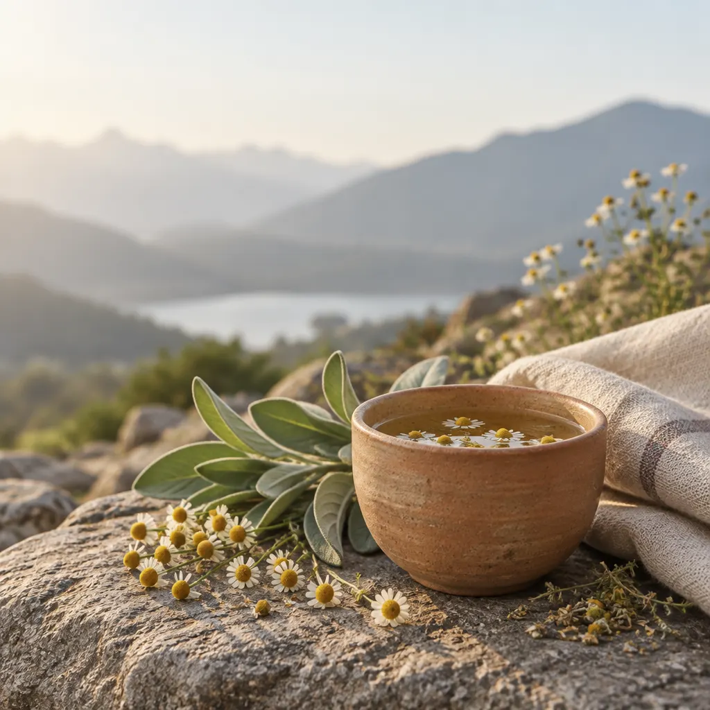 A calming herbal tea with mountain flowers, sage leaves, and natural textile on stone.
