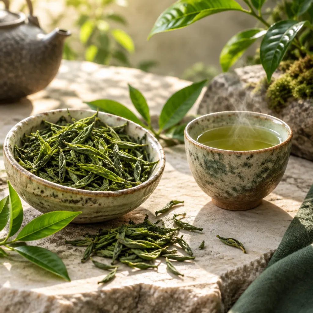 Loose-leaf green tea, fresh leaves, and a handmade ceramic cup arranged on pale stone.