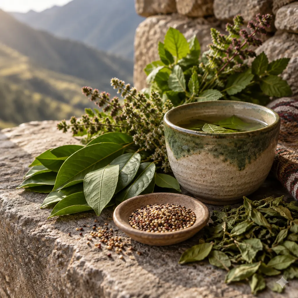 Fresh Andean herbs and seed heads arranged beside a handmade ceramic tea cup on weathered stone.
