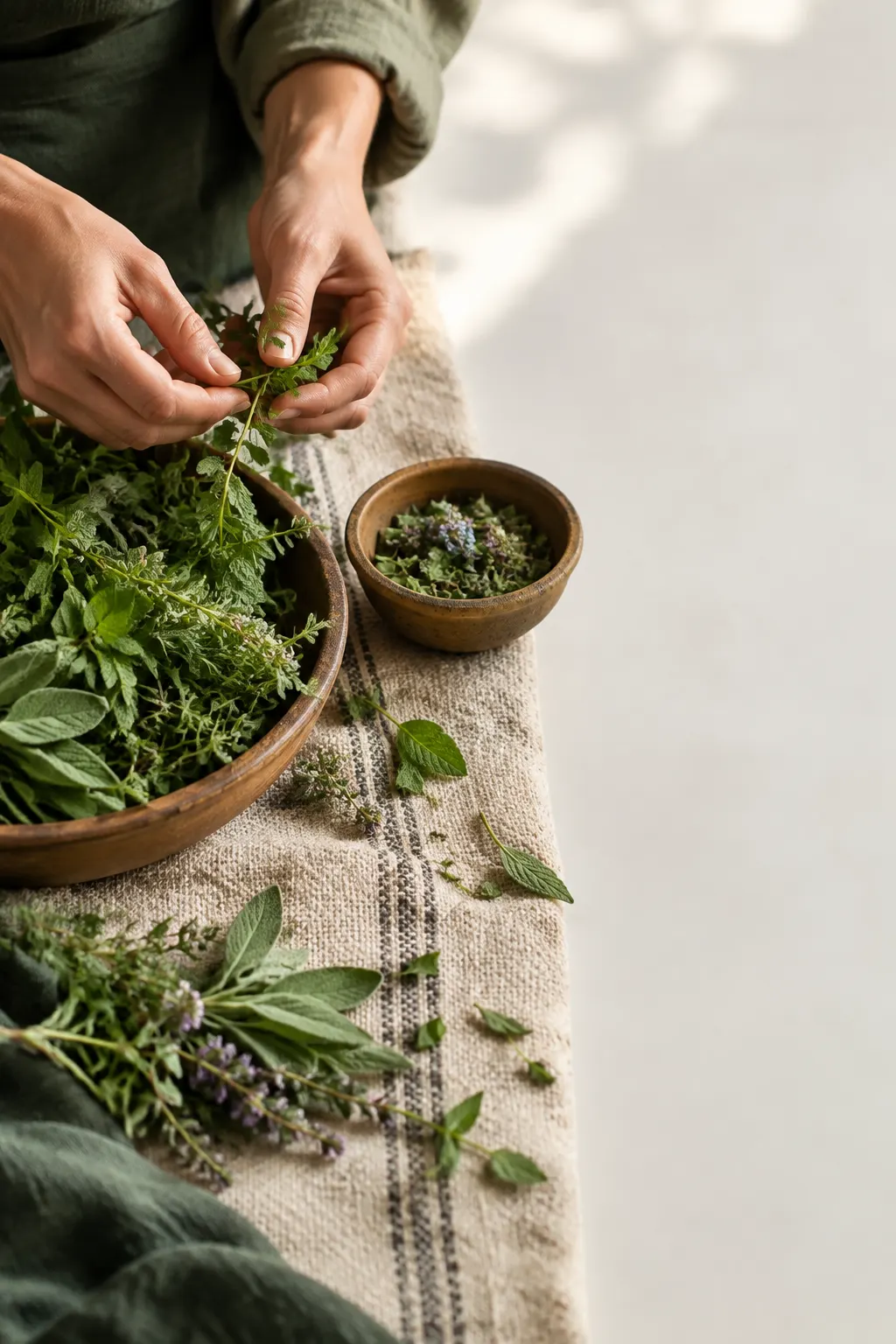 Hands carefully sorting fragrant green mountain herbs on a woven natural textile.