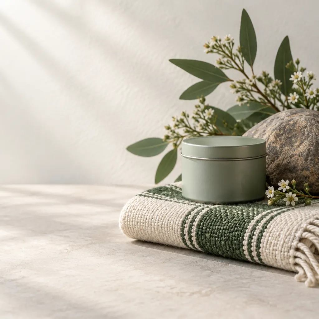 Plain product tin beside woven fiber, stone, and botanical sprigs.