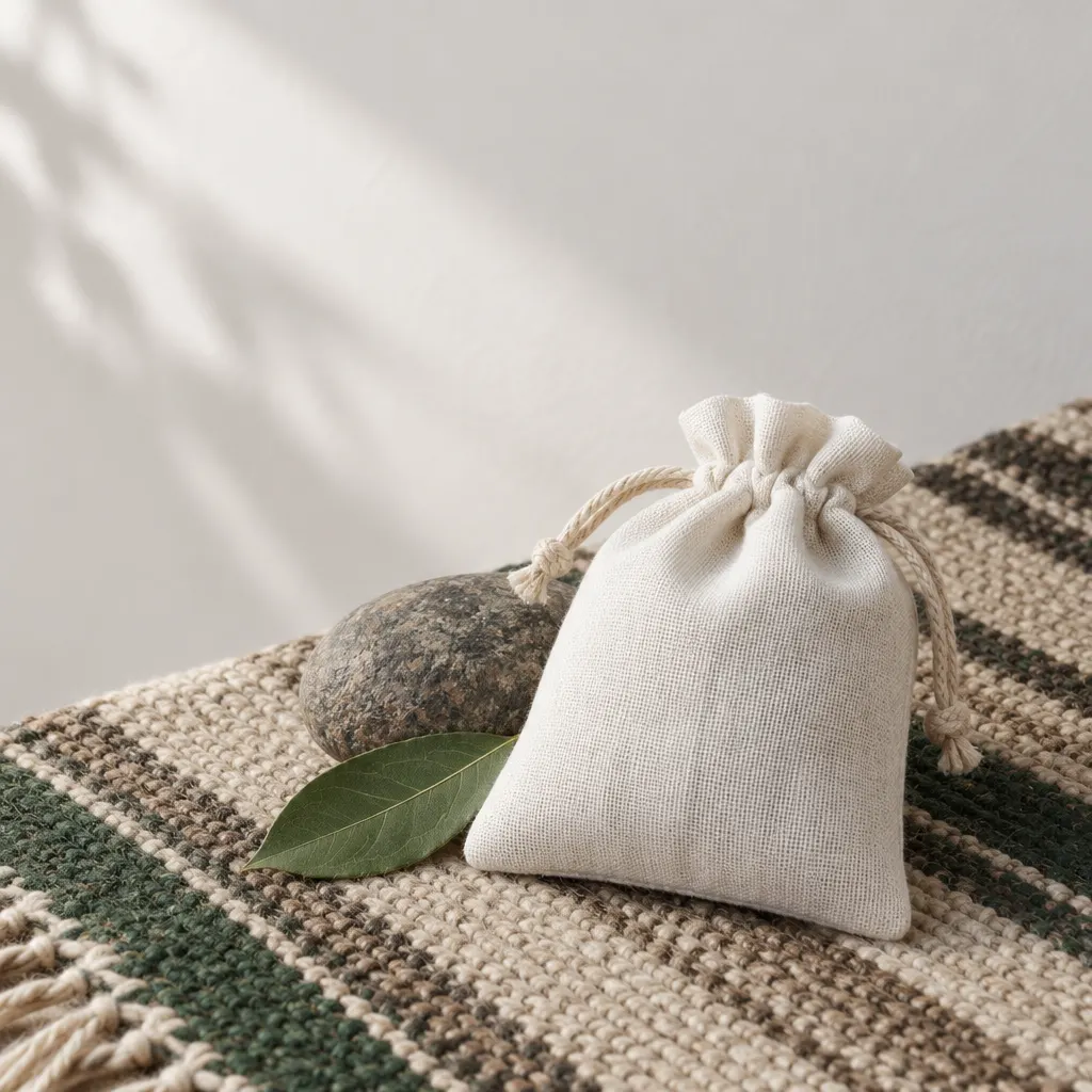 Plain botanical sachet resting on woven textile beside stone and leaf.