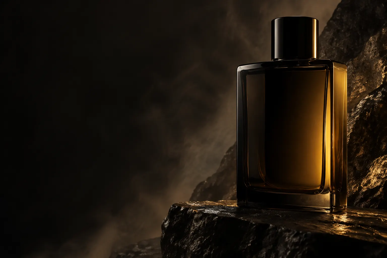 Frasco de perfume oscuro iluminado por una franja ámbar sobre piedra negra.
