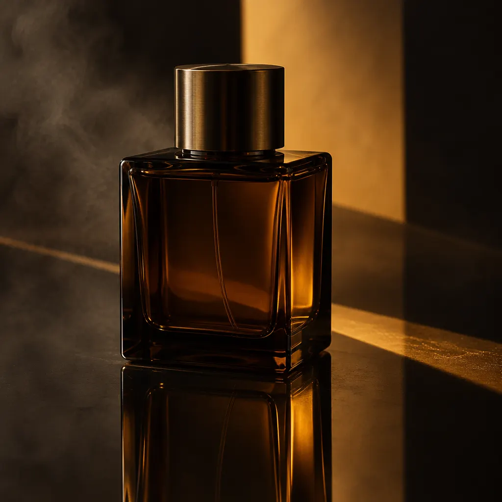 Detalle de un frasco ámbar oscuro reflejado en vidrio ahumado.