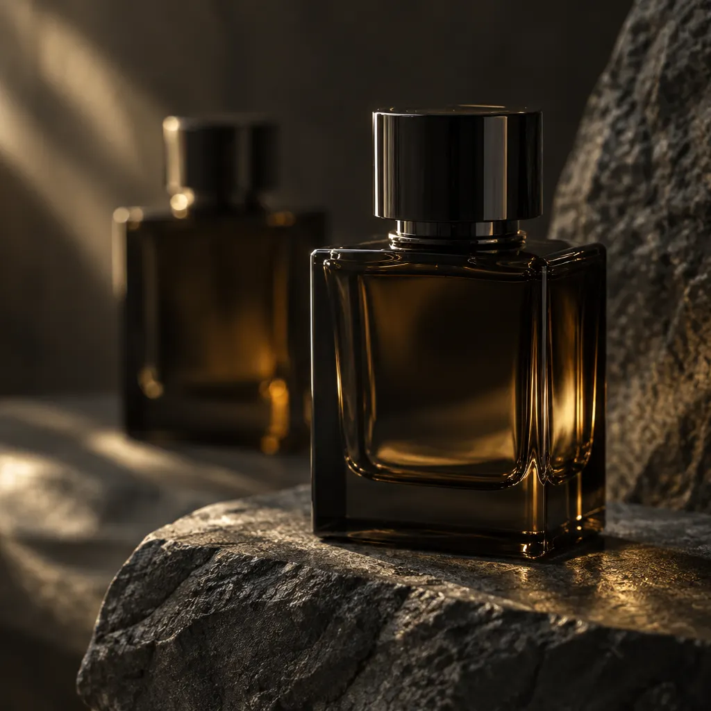 Dos frascos oscuros de perfume sobre piedra, uno enfocado y otro desenfocado.