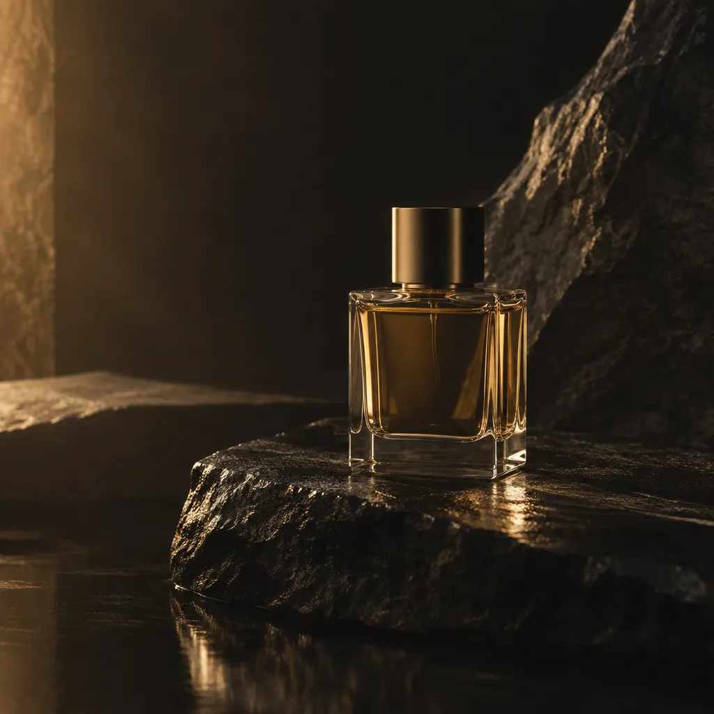Frasco transparente de perfume tenuemente iluminado sobre piedra oscura.