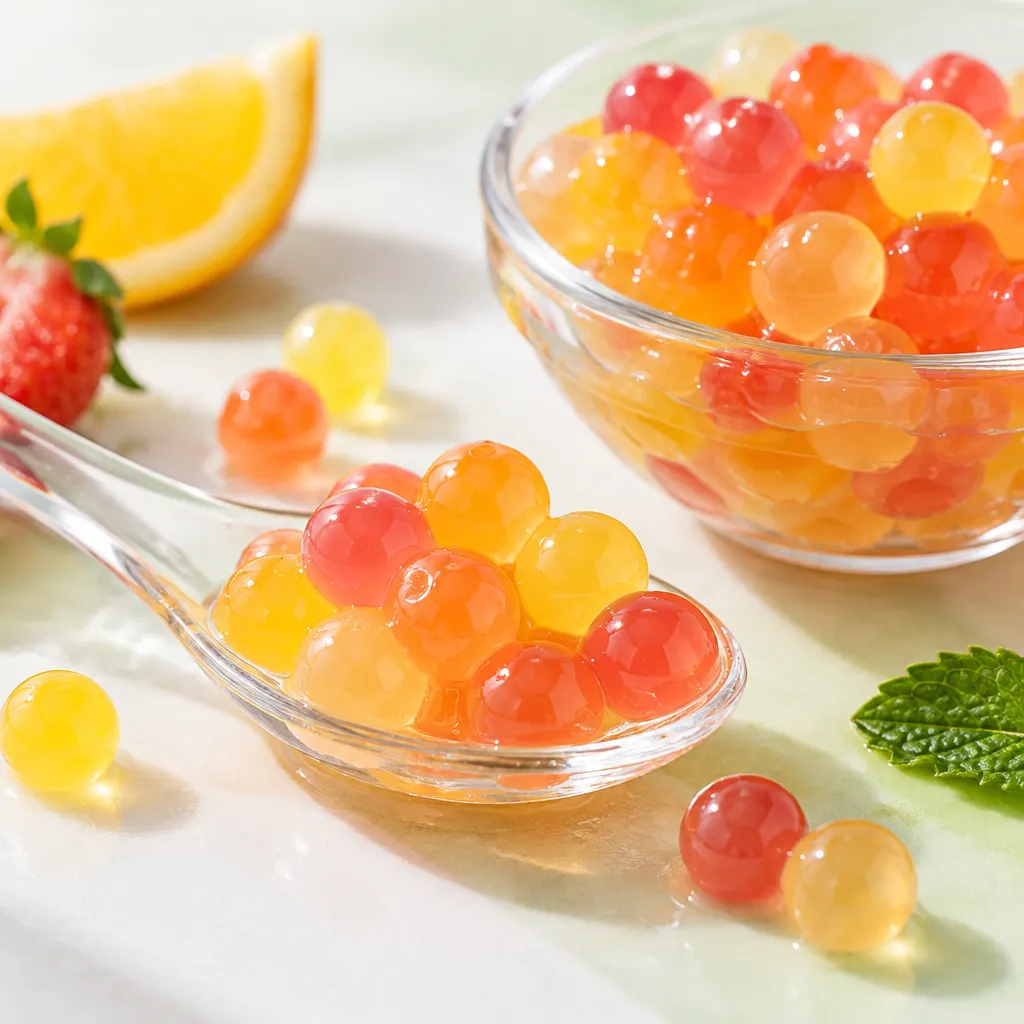 Popping pearls de distintos tonos frutales en un cuenco y una cuchara de vidrio.