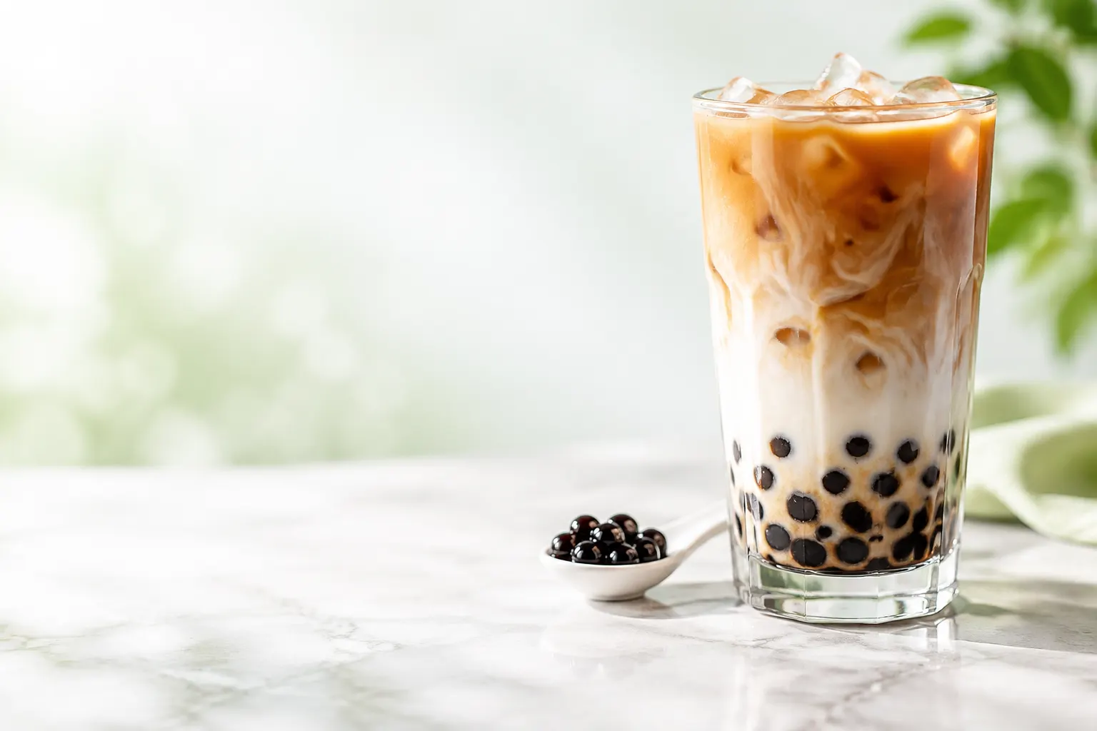 Vaso transparente de bubble tea con capas de té y leche y perlas de tapioca.