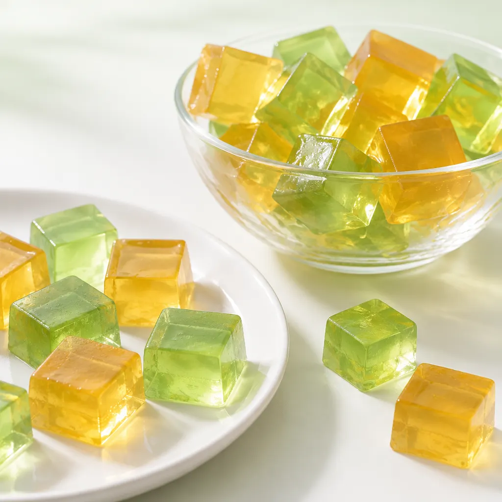 Cubos translúcidos de jelly en tonos ámbar y verde suave sobre una fuente blanca.