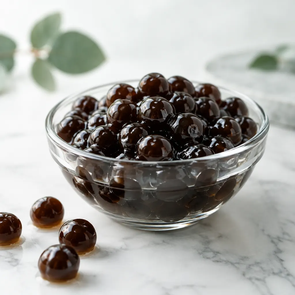 Perlas oscuras de tapioca cocida en un cuenco de vidrio.