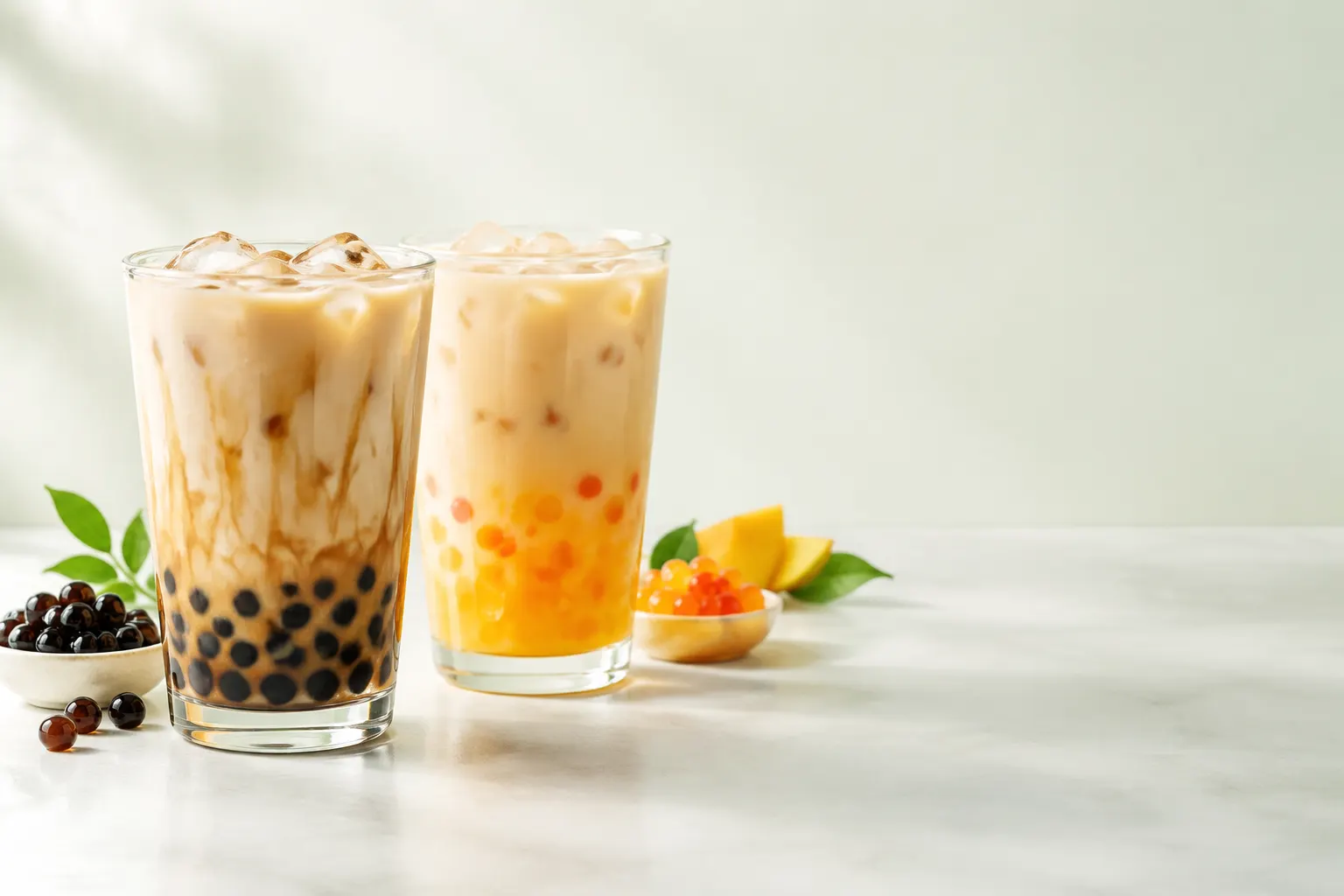 Dos bebidas transparentes en capas con tapioca y popping pearls como toppings.