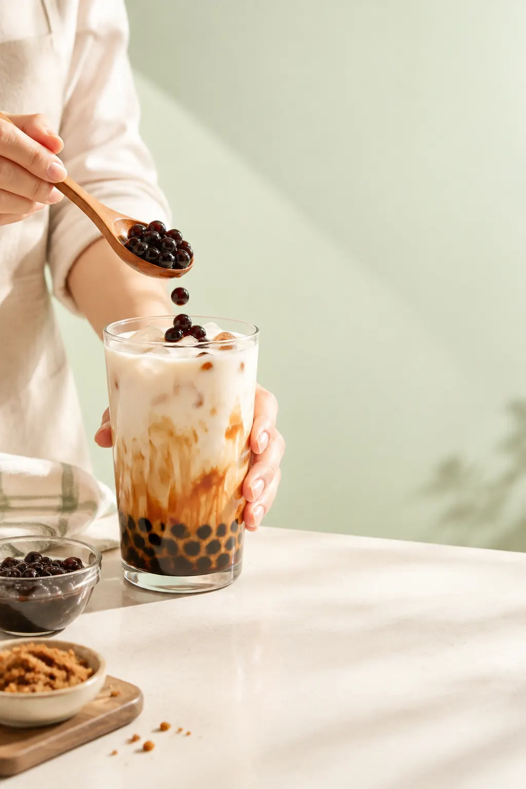 Manos añadiendo perlas de tapioca a un vaso transparente con una bebida en capas.
