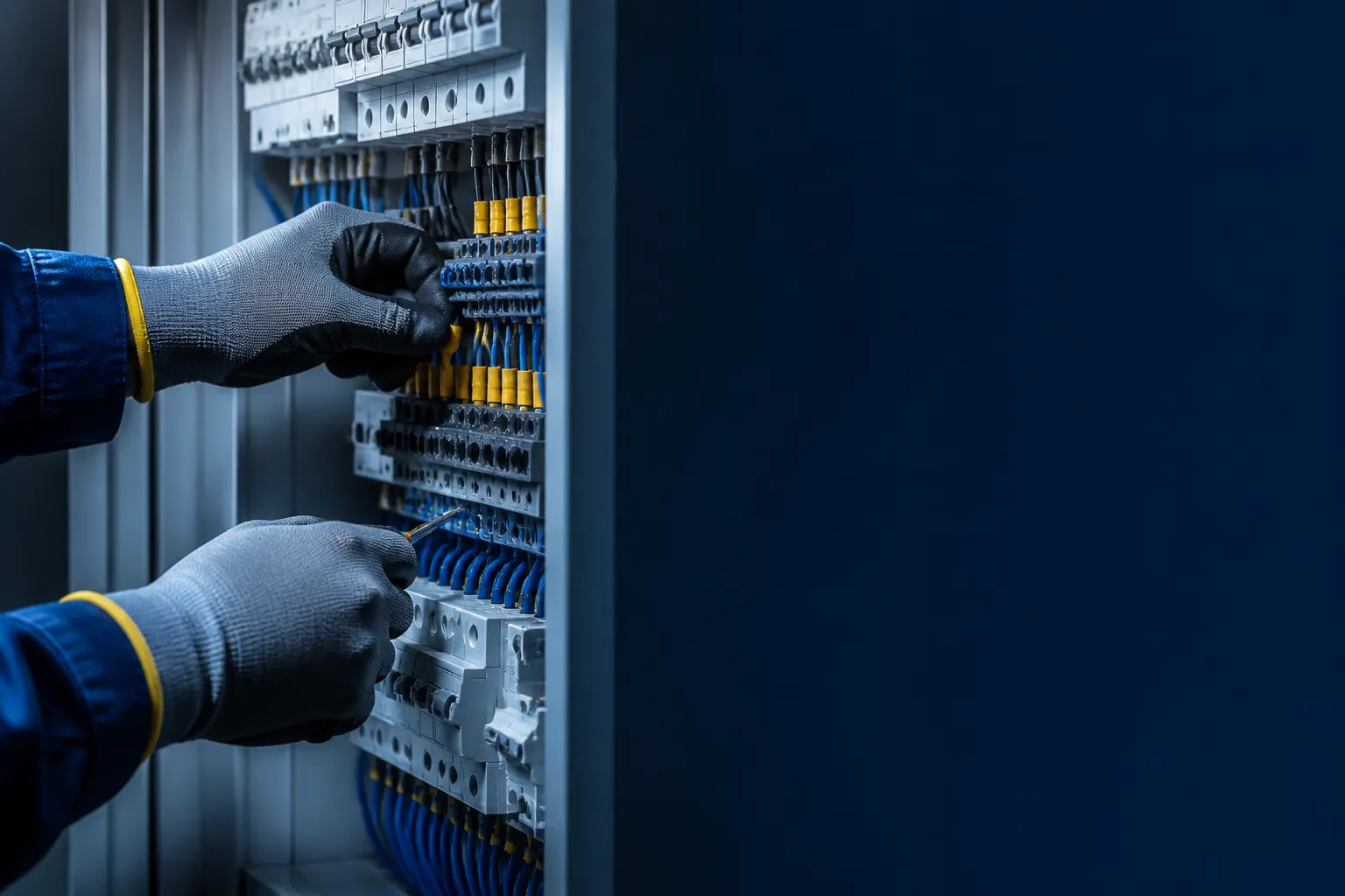 Manos enguantadas revisando conexiones de cableado dentro de un tablero eléctrico.
