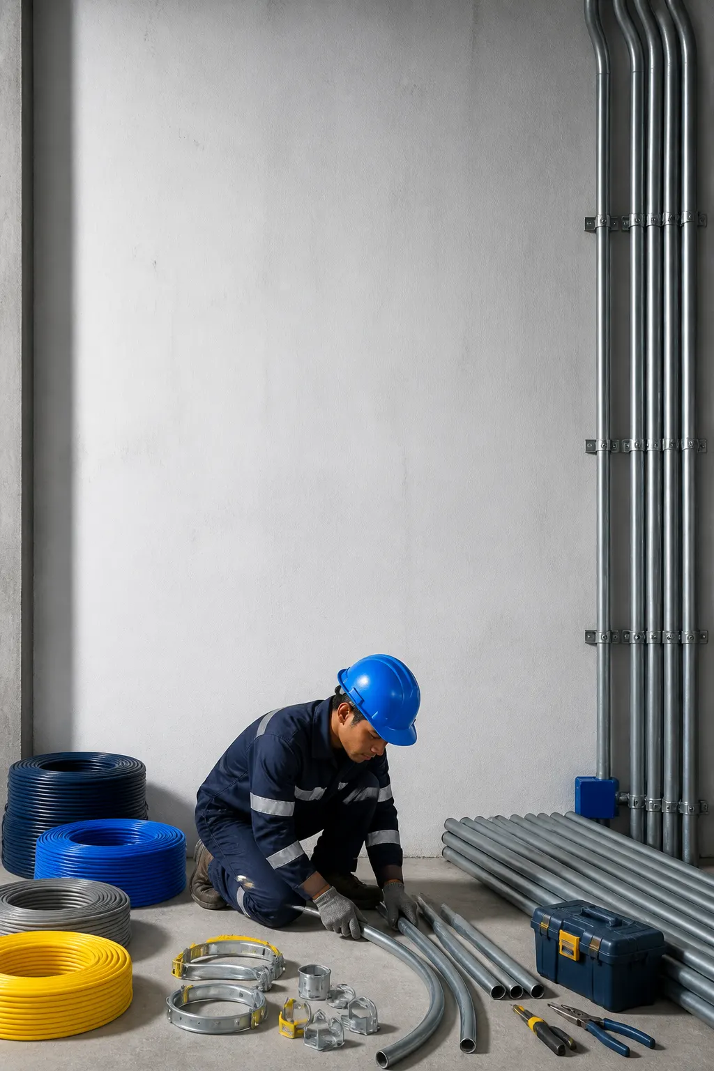 Cables sin marcas, tubos conduit y abrazaderas organizados en una instalación industrial.