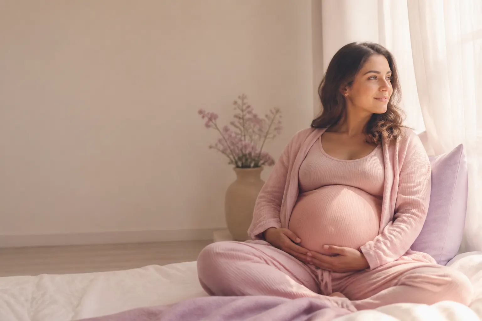 Futura mamá relajada con outfit rosado suave sentada junto a una ventana en un dormitorio claro.