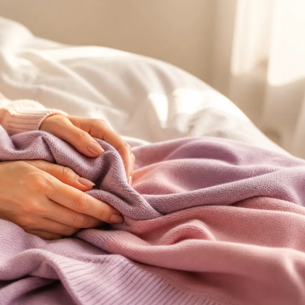 Manos acariciando una tela suave en tonos lila y rosado empolvado sobre una cama blanca.