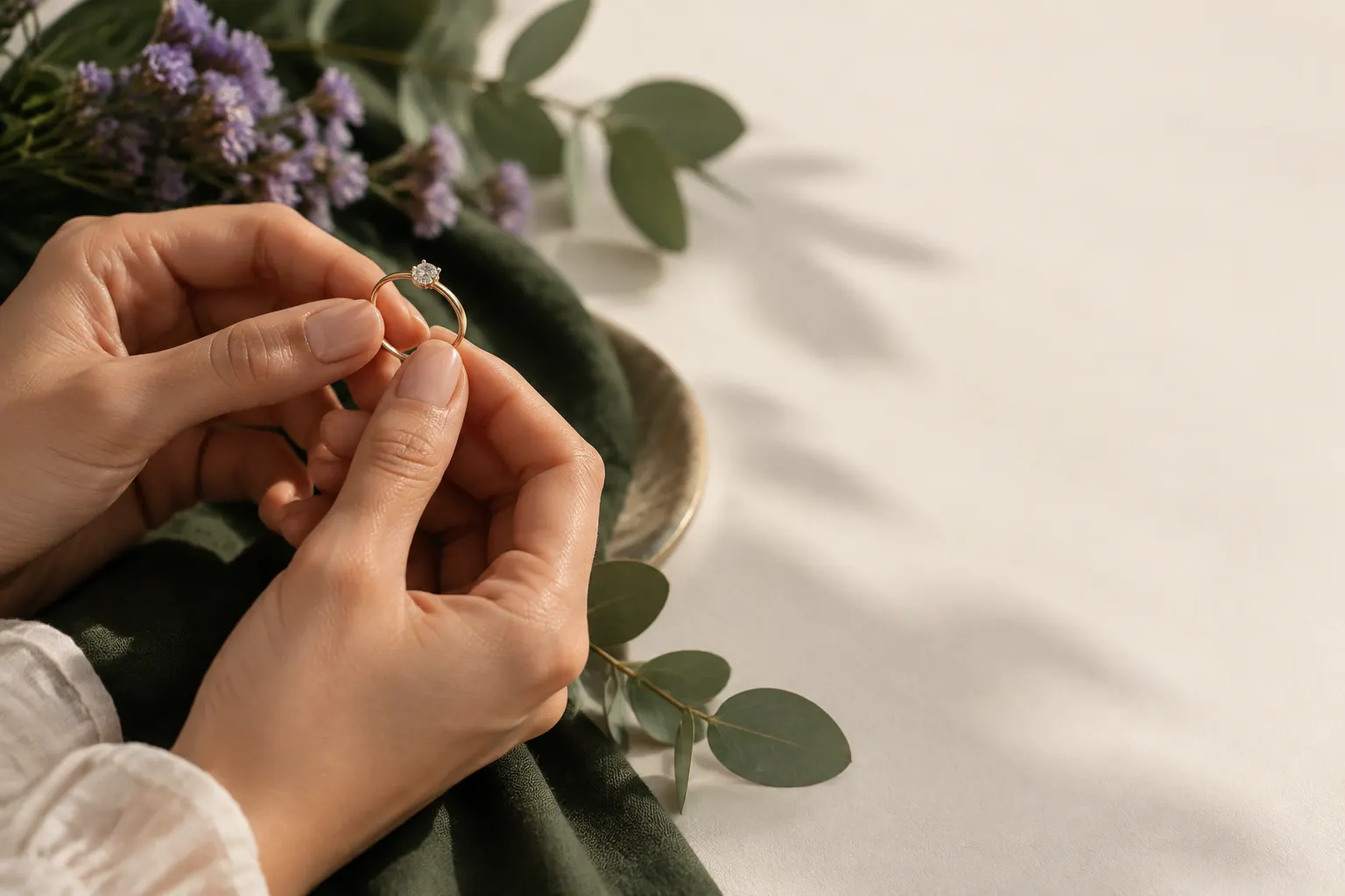 Mãos elegantes seguram um anel fino dourado com uma pequena pedra clara.