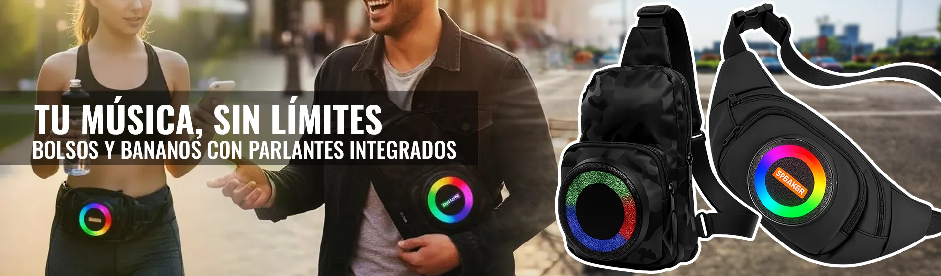 Bolsos y bananos con parlantes bluetooth mCasa portátiles y recargables con luces RGB
