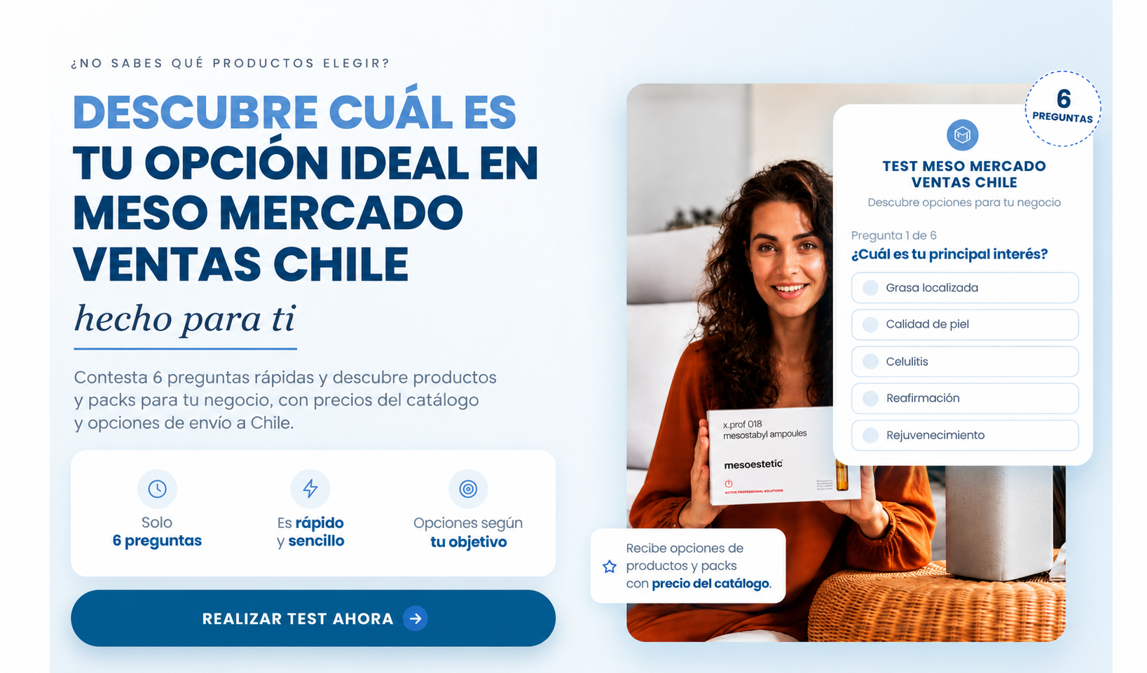 Descubre tu opción ideal en Meso Mercado Ventas Chile. Una mujer sostiene una caja de Mesostabyl junto a una tarjeta del test. Realizar test ahora.