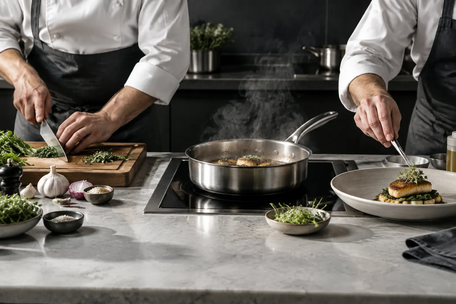 Bancada de cozinha com ingredientes preparados, panela em uso e prato em finalização.