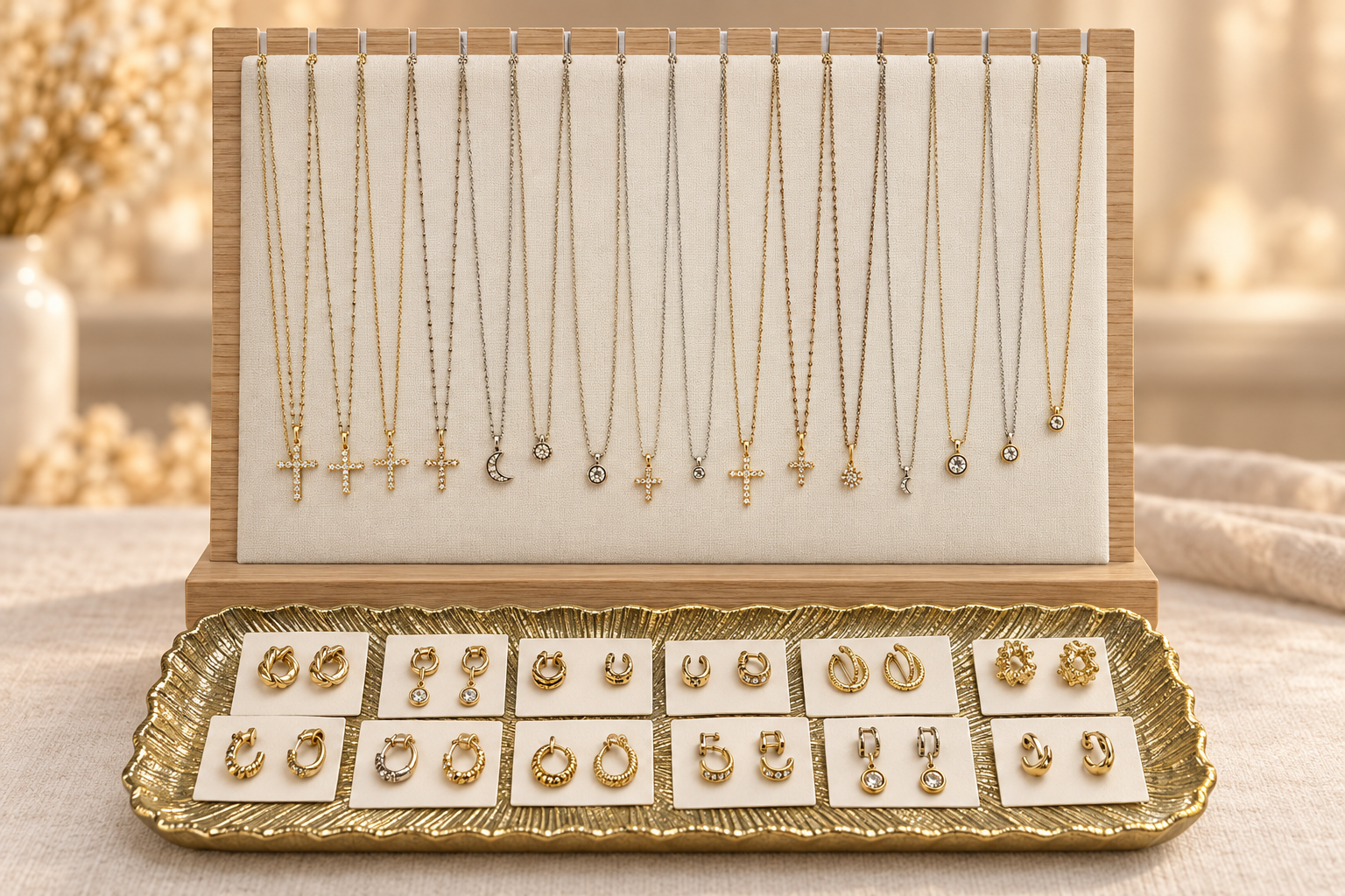 Necklaces and earrings on a cream-colored display