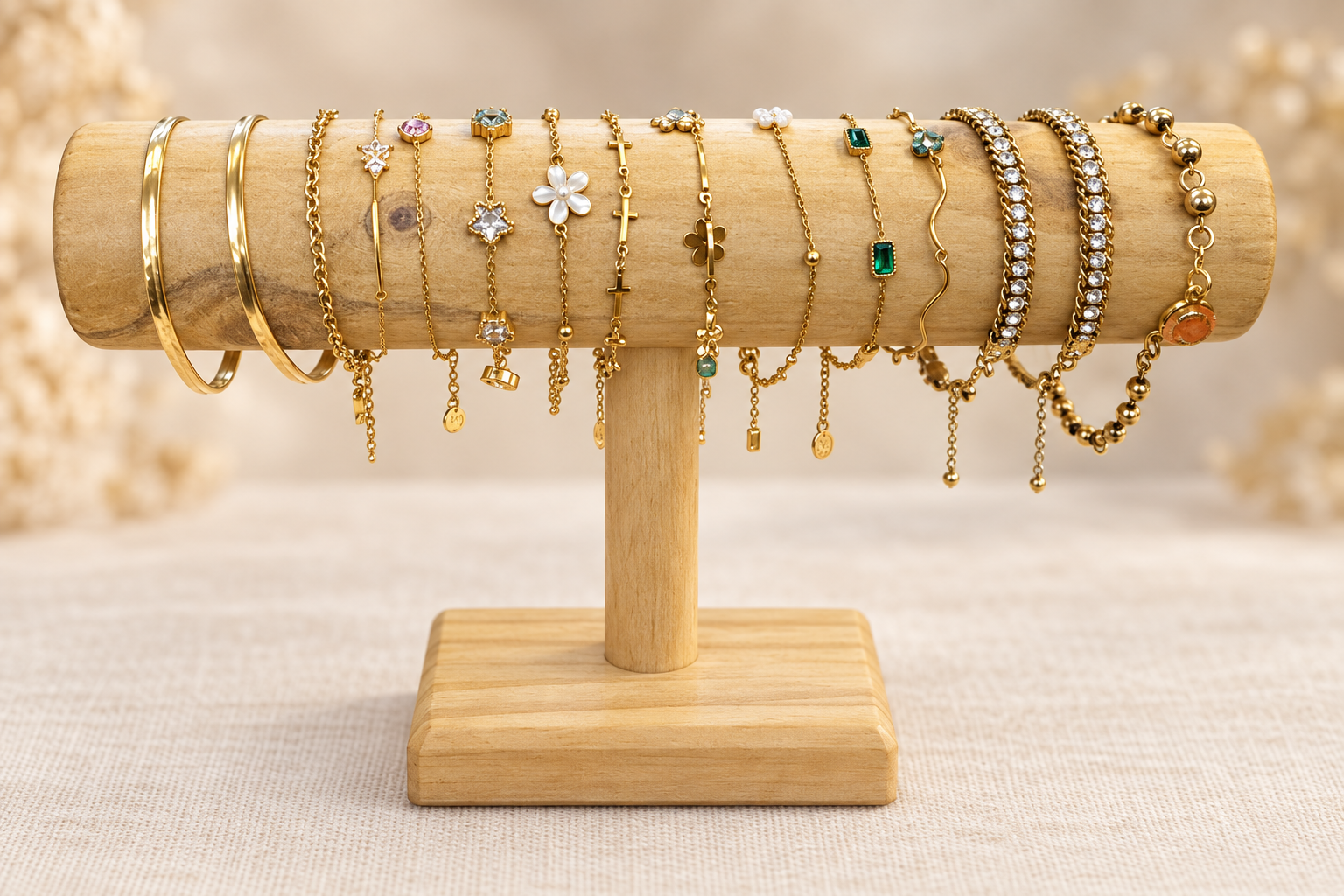 Bracelets displayed on a wooden jewelry stand