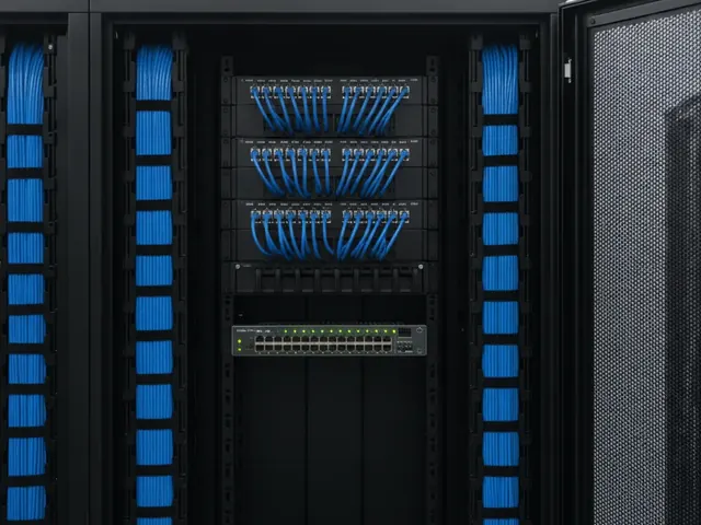 Gabinete de red ordenado con patch cords azules (imagen generada con IA).