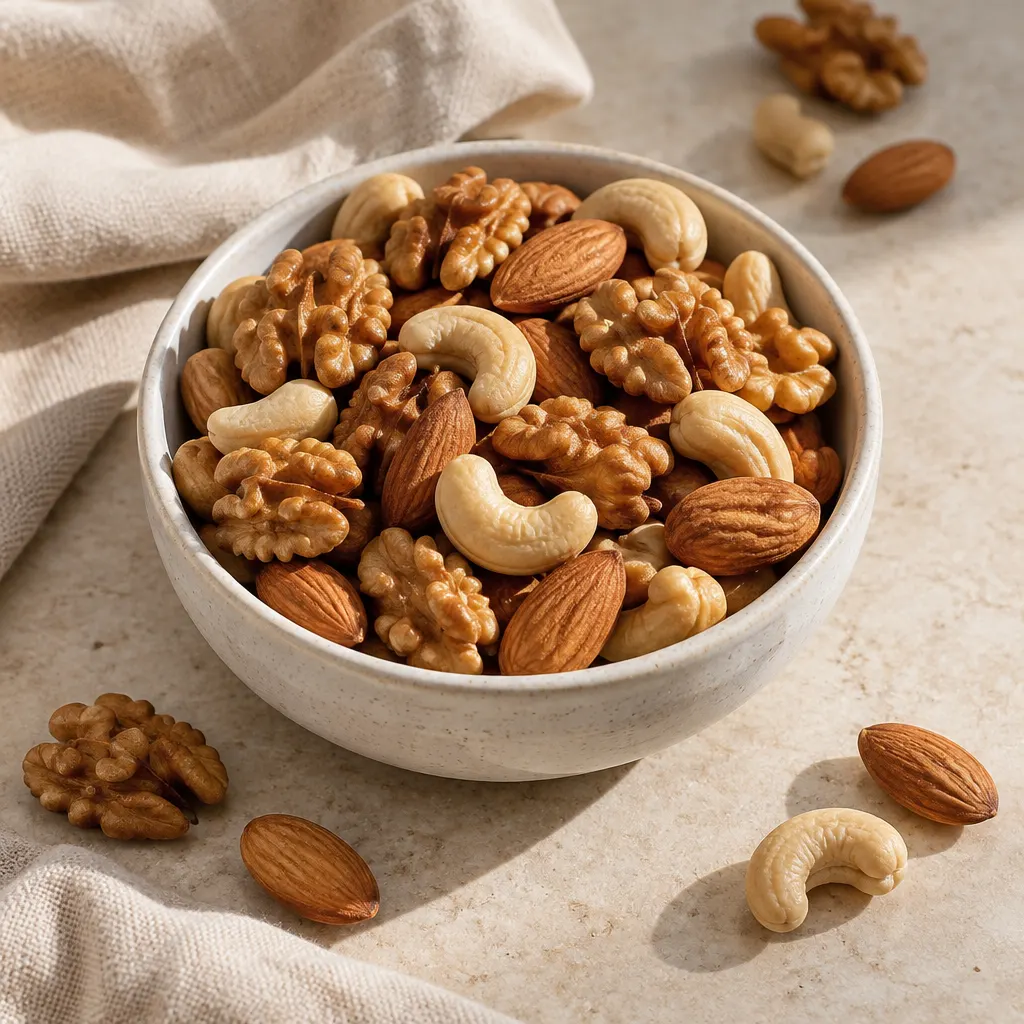 Nueces, almendras y castañas de cajú sobre una fuente clara.