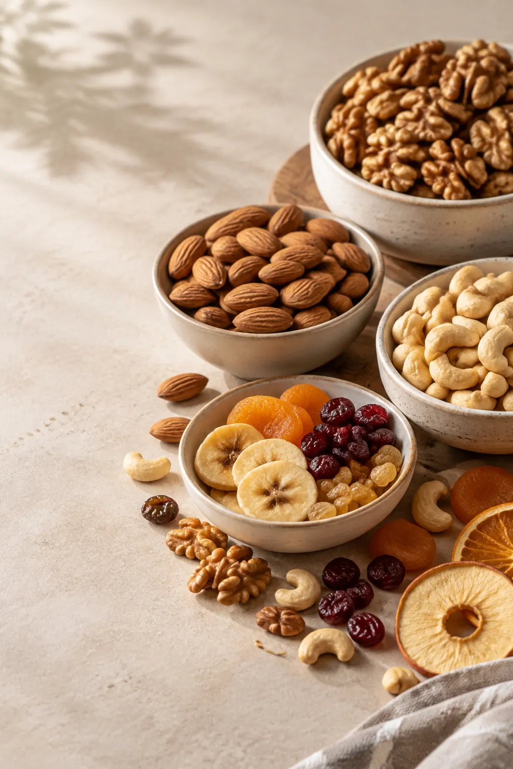 Bodegón de nueces, almendras, castañas de cajú y frutas deshidratadas en platos de cerámica.