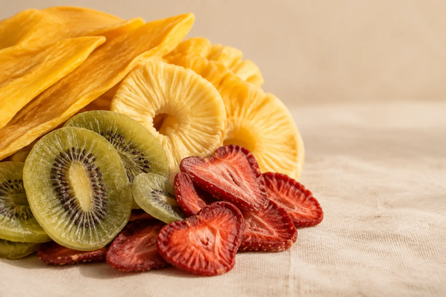 Detalle de rodajas de mango, piña, kiwi y frutillas deshidratadas en capas.