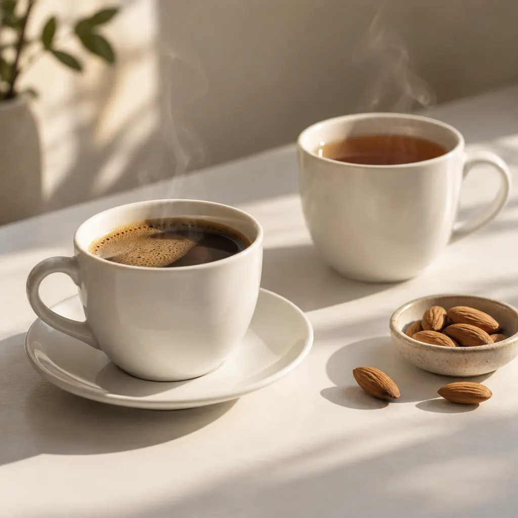 Tazas humeantes de café y té junto a unas almendras sobre una mesa clara.