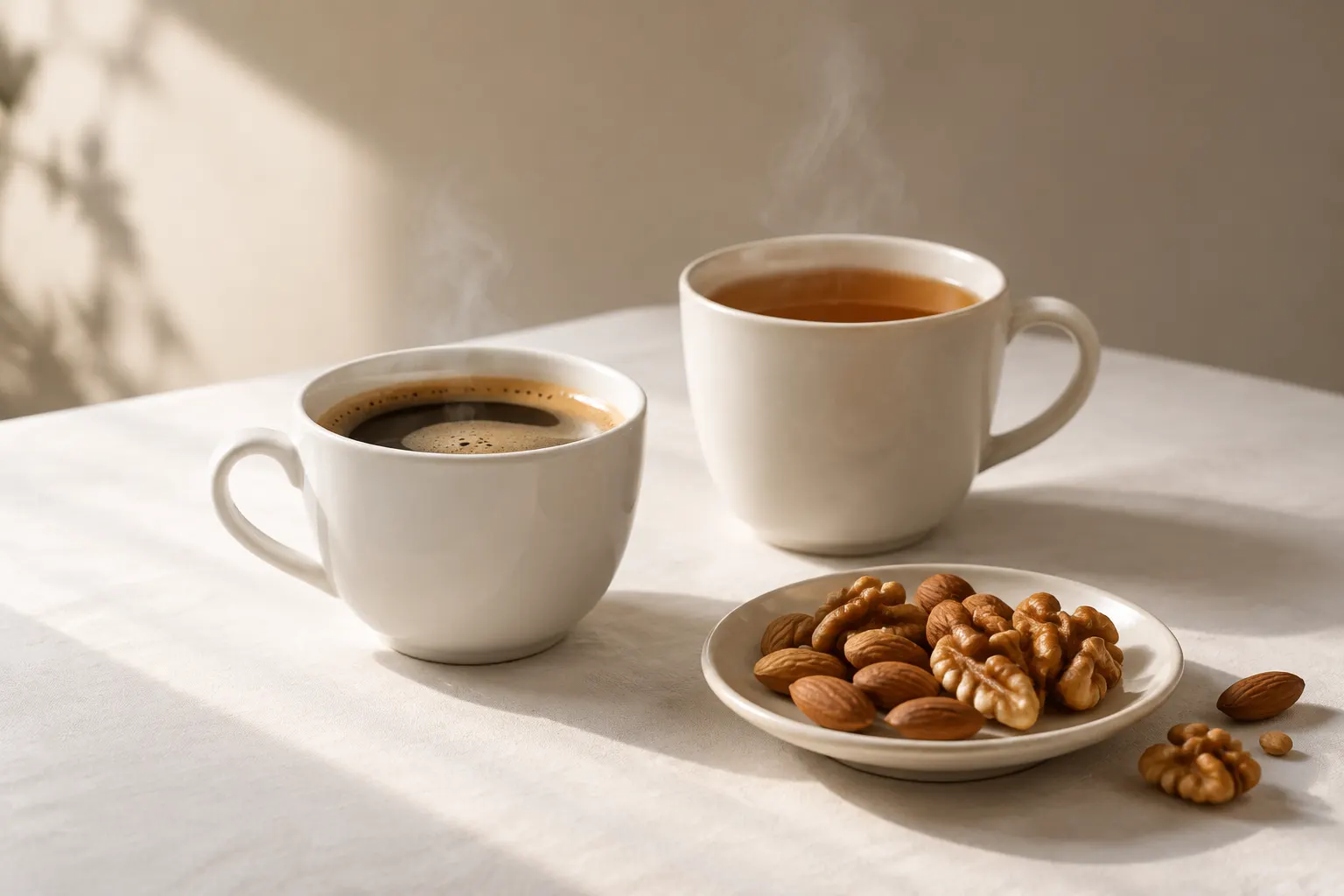 Café y té humeantes con un pequeño plato de nueces y almendras.