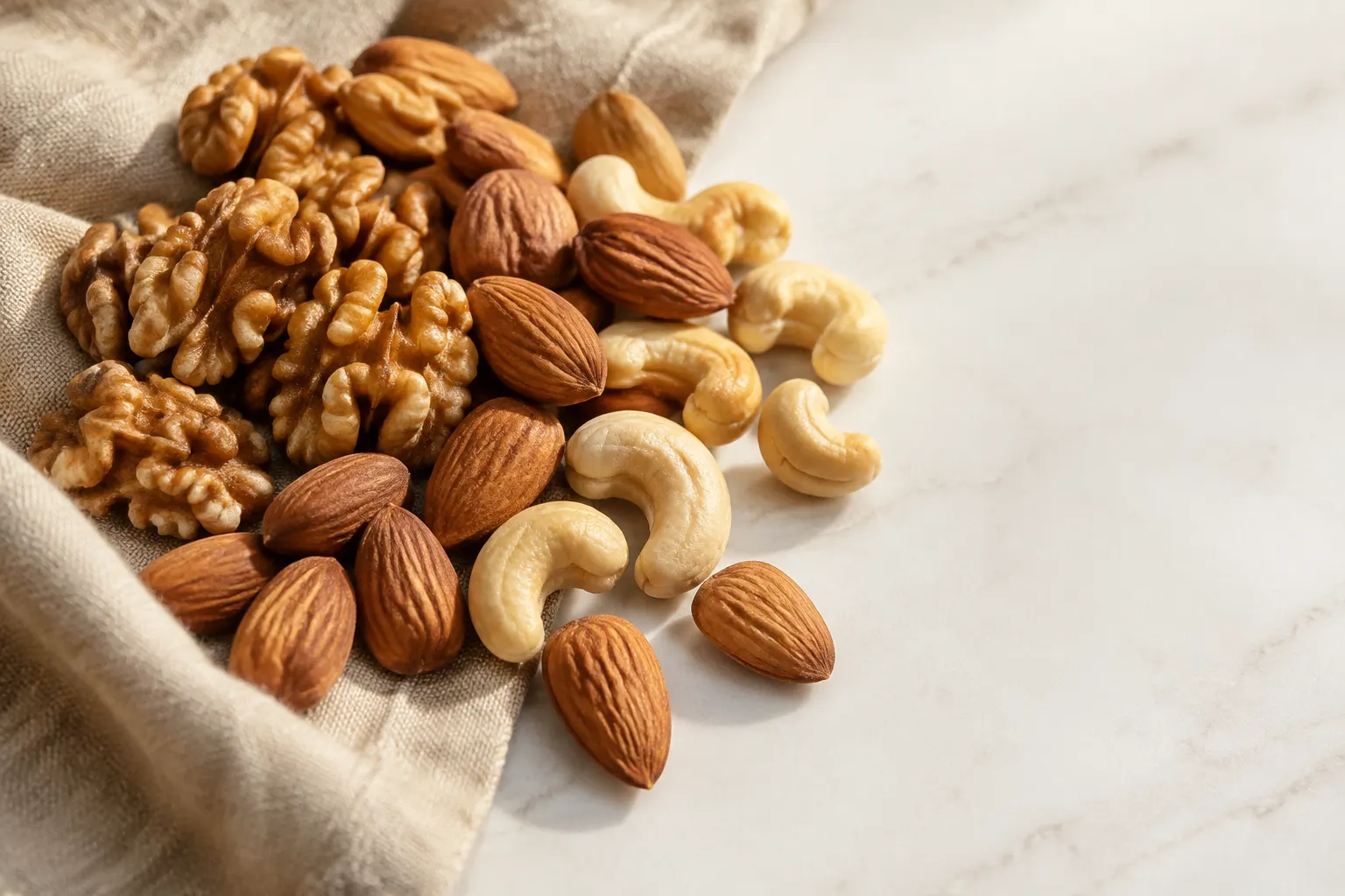 Nueces, almendras y castañas de cajú sobre lino beige y una superficie clara.