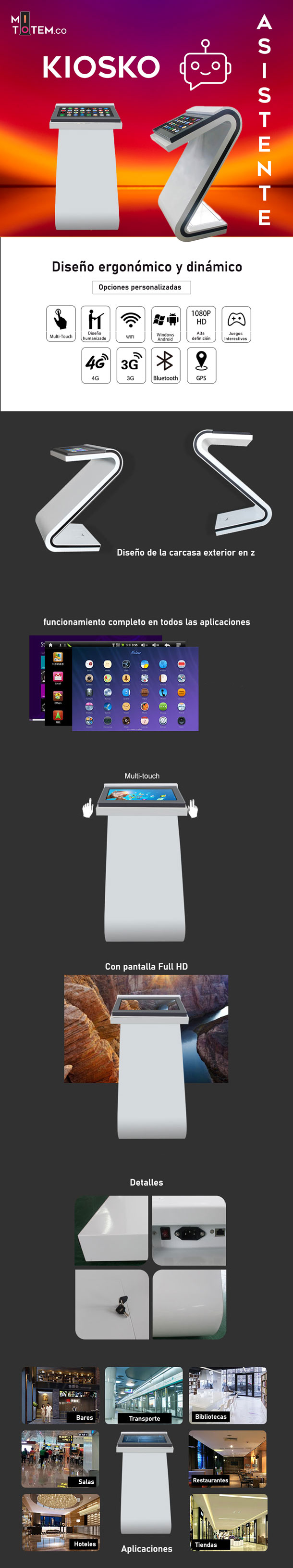 Características kiosko digital asistente pantalla táctil