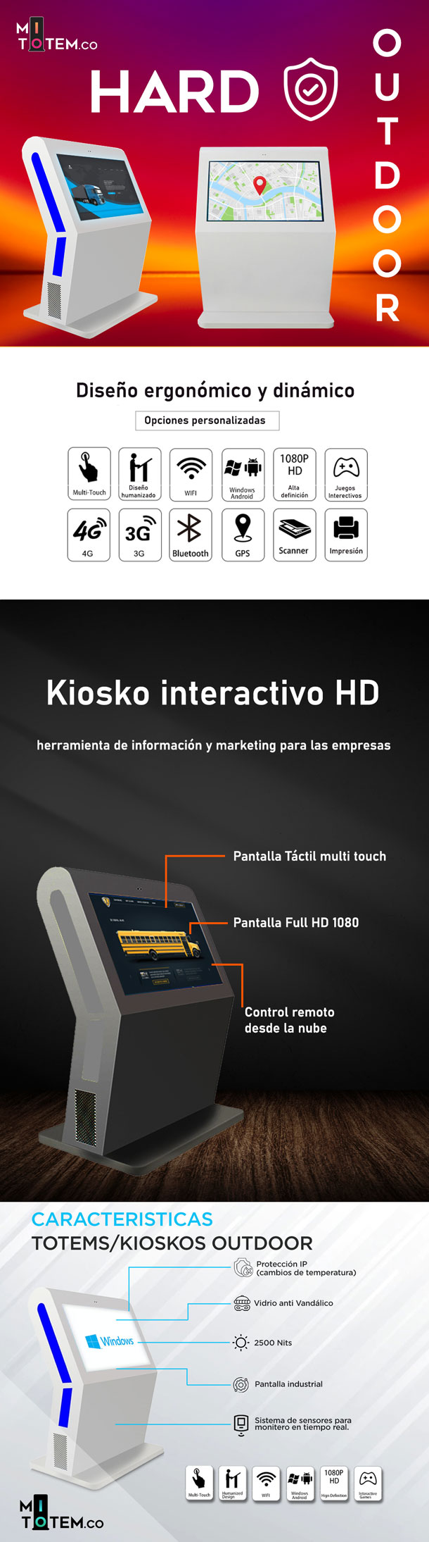 Características kiosco pantalla digital interactiva exterior