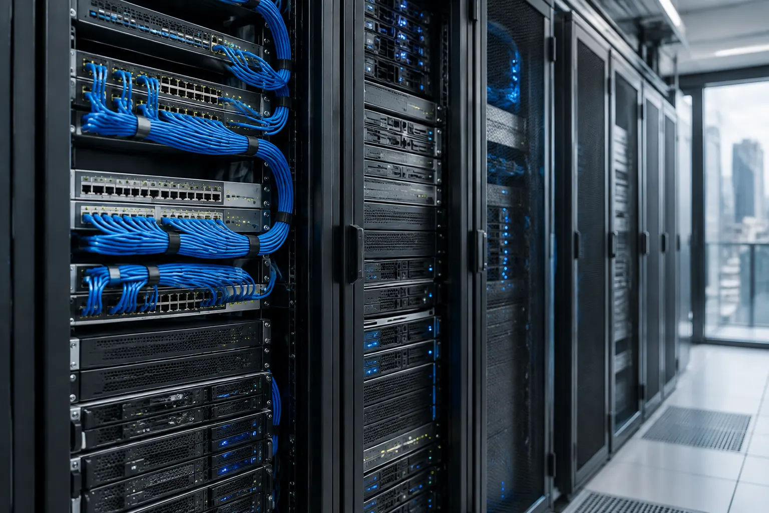 Una vista realista de equipos de red, servidores y cableado organizados en un espacio tecnológico profesional.