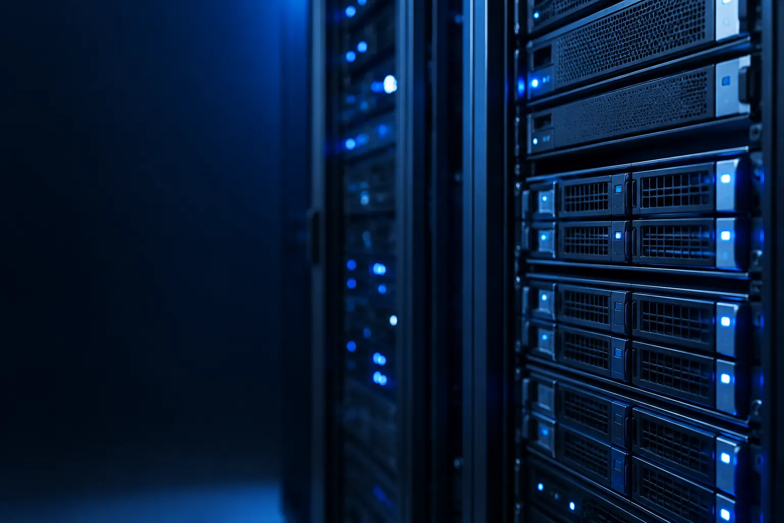 Detalle de equipos de almacenamiento y respaldo montados en un rack.